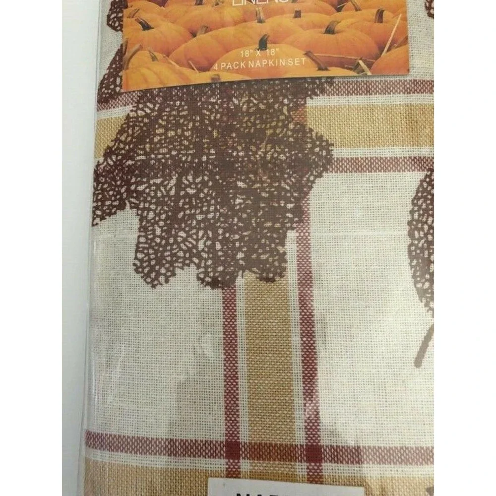 Thanksgiving Imprint Leaves Plaid Fabric Napkins Country Cabin Lodge Set of 4